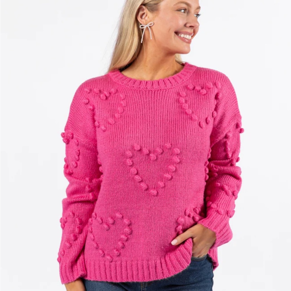 Pink Lily Pink Heart Pom-Pom Crewneck Sweater